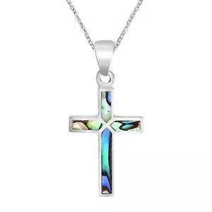 Bunte eingelegte Abalone-Muschel Kreuz des Glaubens 0,925 Sterlingsilber Halskette - Bild 1 von 7
