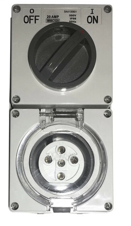 3 Phase 5 Pin 20A Amp Switched Socket Combination Outlet IP66 Weatherproof Combo - Image 1 of 4