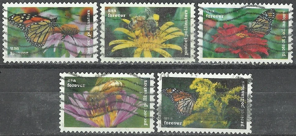 U.S. A. Stamps: 2017 Protect Pollinators, Butterflies  Honeybees, Used Off Paper - Image 1 of 1