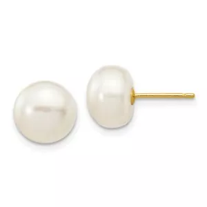 10k Yellow Gold 8-9mm White Button Freshwater Cultured Pearl Stud Post Earrings - Picture 1 of 6