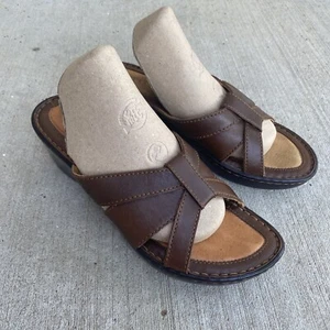 Born Womens Sandals 8 Brown Leather Gather Strap Slide Wedge Heel Shoes - Picture 1 of 13