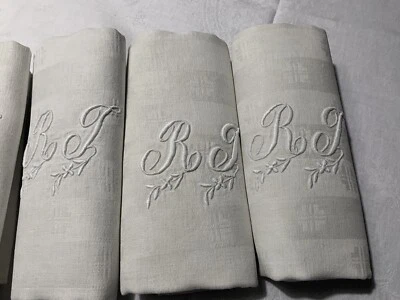 linge ancien 4 Serviettes De Mariage Bi Damassé Soie Brodé Monogramme R J - Photo 1/4