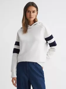 REISS Dee Cotton Blend Striped Hoodie Top in Neutral/Navy - Picture 1 of 6