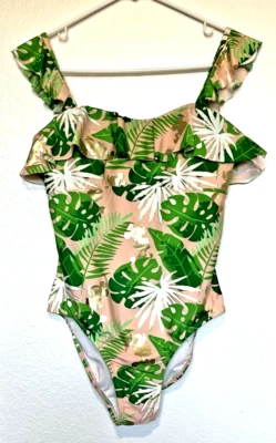 NWT Disney Womans SZ M Mickey Ruffle Tropical Gold Green Pink One Piece Swimsuit - Image 1 of 4