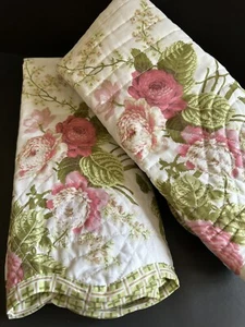 2 Waverly Pillow Shams Roses Floral Quilted Standard Cottage Pink Green - Picture 1 of 24