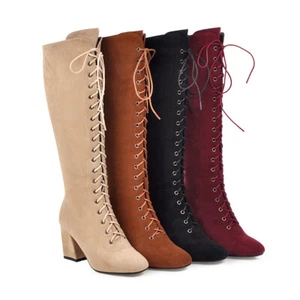 Women's Square Toe Mid Heel Shoes Zip Suede Fabric Knee High Boots AU Size 3~12 - Picture 1 of 37