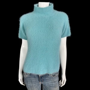 70% Angora Fuzzy ELLEN TRACY Aqua-Blue Short-Sleeve Turtleneck Sweater 34" bust - Picture 1 of 10