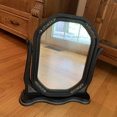 Antique Art Nouveau Black W/ Gold Trim Ornate Top Table Top Tilting Mirror EXC! Cover