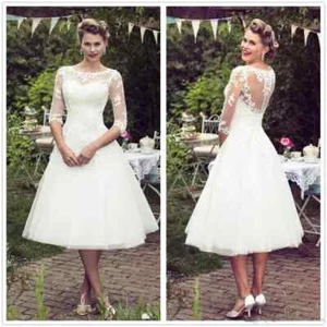 Retro style short sleeved half sleeved chiffon lace applique tealong bridal gown - Picture 1 of 6