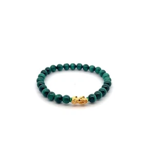 18K Gold Pixiu Piyao Lucky Charm Bracelet Natural Malachite Gemstones 6mm - Picture 1 of 8