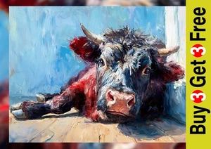 Resting Cow 5"x7" Print on Matte Paper | Expressive Farm Animal Oil Painting - Picture 1 of 17