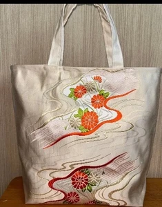 Handmade Silk Obi Tote Bag Silver Floral Pattern One of a Kind Made in Japan - Picture 1 of 6