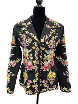 Paparazzi by Biz Floral Embroidered Black Cotton Blazer Jacket Sz S Boho Chic - Image 1 of 4