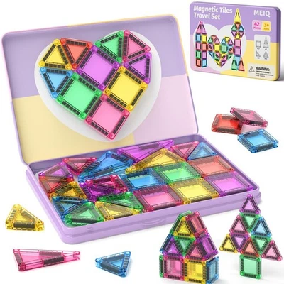 42-Piece Magnetic Tile Travel Set - Portable STEM Building Blocks for Kids 3-8 - Image 1 of 4