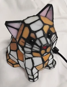 Tiffany Style Stained Glass Bobble Head Cat Kitty Night Light Lamp w/ Green Eyes - Picture 1 of 6