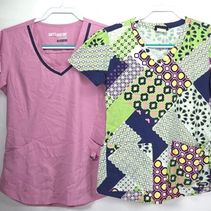 2 Grey's Anatomy Scrub Tops Women's Small Impact Patchwork Mosaic Colorful EUC - Picture 1 of 23