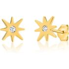 14K Yellow Gold North Star Studs With Cz Starburst Earrings For Women And Girls.