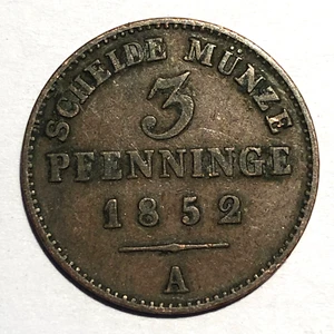 1852-A Prussia 3 Pfennig Copper Coin - VF+ (Very Fine) condition - Picture 1 of 2