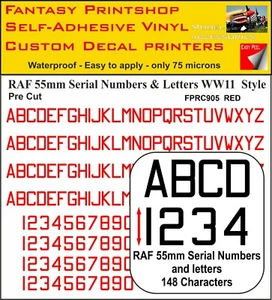 Calcomanías adhesivas de vinilo RC letras RAF NÚMEROS 55mm PRECORTADO FPRC905 ROJO BRILLO - Imagen 1 de 3