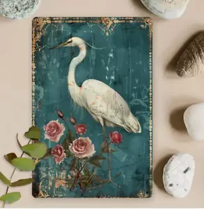 Rustic Wall Decor Vintage Country Spring White Crane Flowers Metal Tin Sign 8x12 - Picture 1 of 2