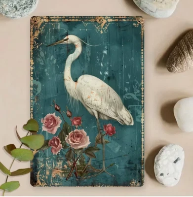 Rustic Wall Decor Vintage Country Spring White Crane Flowers Metal Tin Sign 8x12 - Image 1 of 2