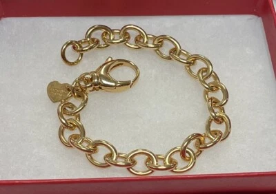 BRONZO ITALIA GOLD PLATED CHAIN LINK BRACELET HEART CHARM ID TAG 7.5” LONG - Image 1 of 3
