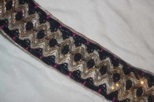 2+ yards black mesh lace mini gold sequins hot pink accents from India 2.5" wide - Picture 1 of 3