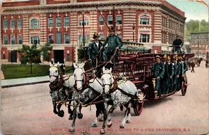 Hook and Ladder Fire Truck No 1 Going to Fire Rhode Island Postcard Horse Drawn - Picture 1 of 2