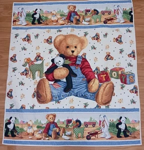 Vtg Blue Jean Teddy Quilted Wall Hanging Quilt Bears Boy Handmade 1980's  - Picture 1 of 24
