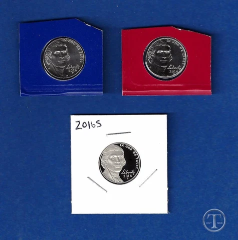 2016 P D and S Jefferson Nickel Set-P and D BU from mint sets-Three Coins Cover