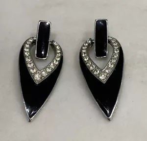 Vintage Rhinestone & Black Enamel Dangle Earrings 2.75" long - Picture 1 of 8