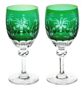 Bohemian Emerald Green Cut to Clear Crystal Goblets Coconut Palms 7 1/4" - Picture 1 of 6