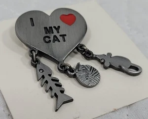GCI Brosche Anstecknadel I love My Cat Vintage Zinn mit Garn Fisch Maus Baumeln Charms - Bild 1 von 14