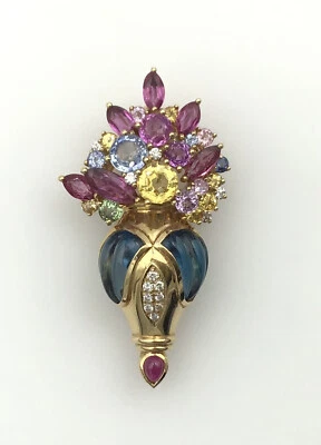 Broche prendedor ramo de flores con piedras preciosas multicolores diamantes oro amarillo de 18 quilates para dama Foto 1 de 4