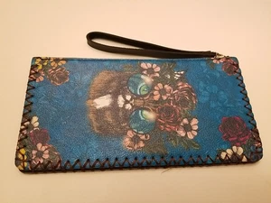 Wallet Wristlet Strap Blue Floral/Cat Leather  - Picture 1 of 3