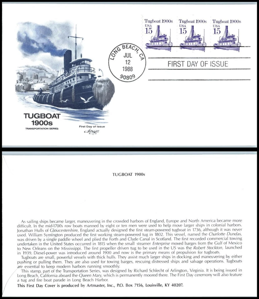 1988 Tugboat 1900s Sc 2260 PNC3 #1 FDC Artmaster Transportation harbor maritime - Image 1 of 1