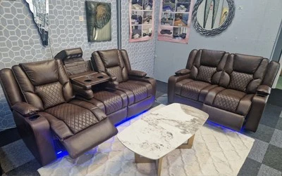 Orlando Electric Recliners Brown 3 & 2 Seater Set USB, LED See Photos