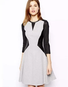 Karen Millen Panel Dress Size 12 Grey Black Faux Leather Fit & Flare Party - Picture 1 of 10