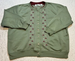 Extra Shenanigans Pullover Damen Größe 1X grün mit gestickten Blumen Knopfleiste - Bild 1 von 12