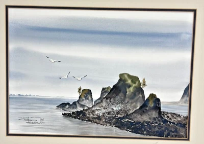 Richard Hazelton Silitz Bay Oregon Seascape Landscape Watercolor Painting 1990 - Image 1 of 4