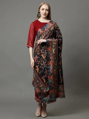 Womens Oversize 100% Cashmere Indian Wool Blanket Shawl Wrap Paisley Scarf Black - Image 1 of 4