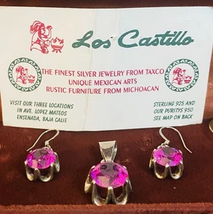 VINTAGE TAXCO Los Castillo Sterling Silver Pink Sapphire Pendant Earring Set - Picture 1 of 8