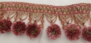 Pink and Green Pom Pom Fringe Beaded Tassel Trim - Picture 1 of 5