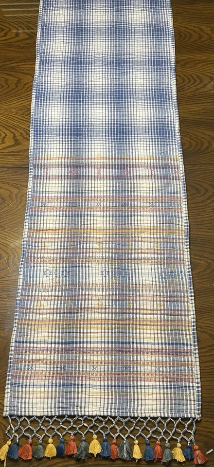 Pottery Barn Quilted CYPRESS Tassel Plaid Table RUNNER 18”x 90” EUC - Image 1 of 4