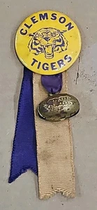 Vintage CLEMSON UNIVERSITY TIGERS Football Ribbon Pin Pinback Button - Picture 1 of 3
