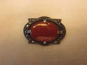 VERY NICE ART DECO STERLING SILVER MARCASITE CARNELIAN PIN BROOCH - Picture 1 of 9
