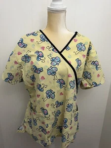 Absolute Butterfly Hearts Scrub Top with Tie Women's Size XL Yellow Medical Vet - Picture 1 of 7