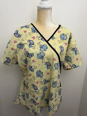 Absolute Butterfly Hearts Scrub Top with Tie Women's Size XL Yellow Medical Vet - Image 1 of 4