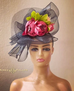 Royal Ascot Fascinator Kentucky Derby Hat Black Green Hot Pink Del Mar Bridal - Picture 1 of 24