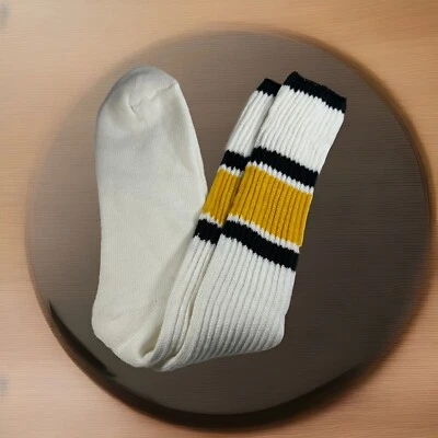 VTG Socks NOS Striped Crew 10-13 Blend Striped Sport Black Gold 80s 1990's - Image 1 of 4